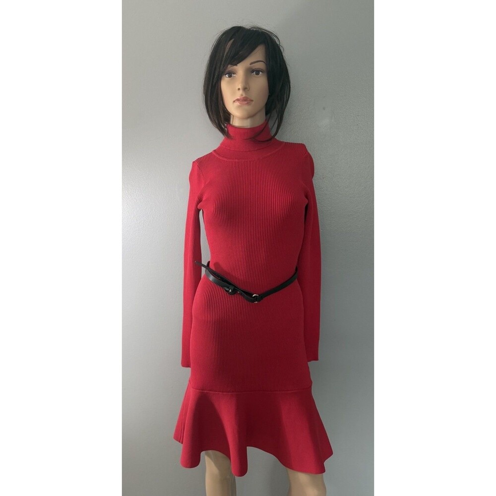 Karen Millen Sz S Red Peplum Knit Ribbed Belted Dress Turtleneck Fit & Flare NWT